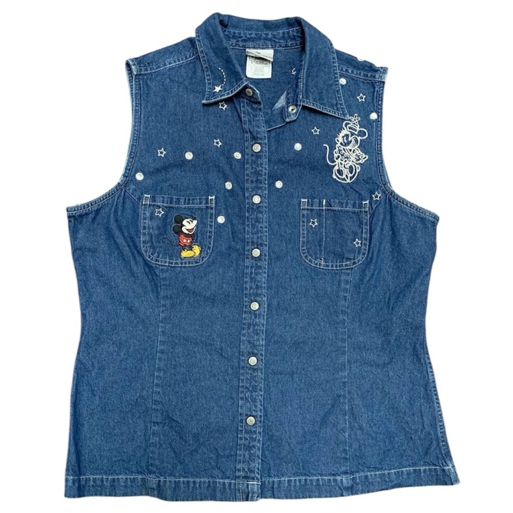 Vtg 90s Disney Store Mickey Mouse Minnie Embroidered Denim Vest Top L 20.25x24